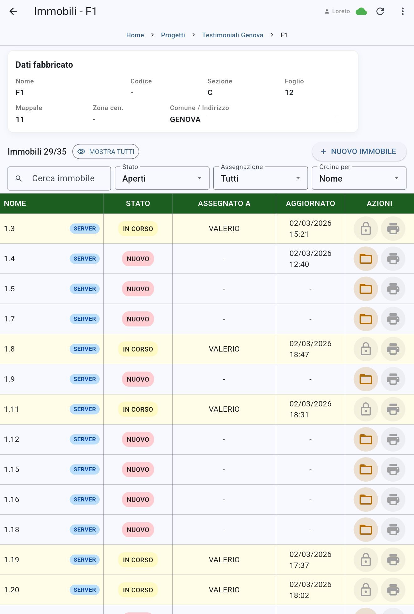Screenshot dell'app Testimoniali